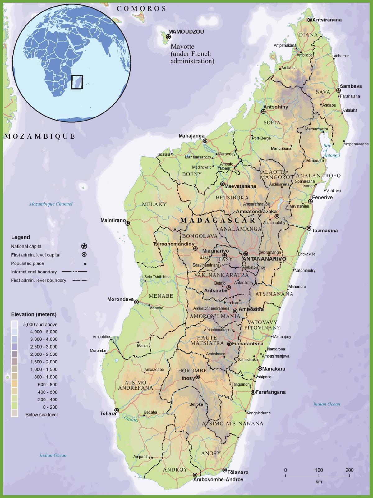 mapa fizički mapu Madagaskar