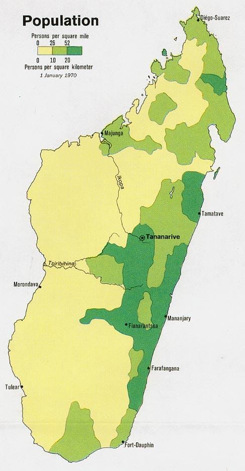 Madagaskar karta gustoće naseljenosti